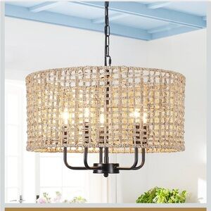 NIB Hand-Woven Rattan Chandelier 5 Light Fixture Drum Wicker Hanging Pendant